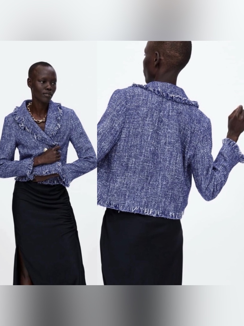 Zara Tweed Frayed Blazer Jacket Blue Size Small